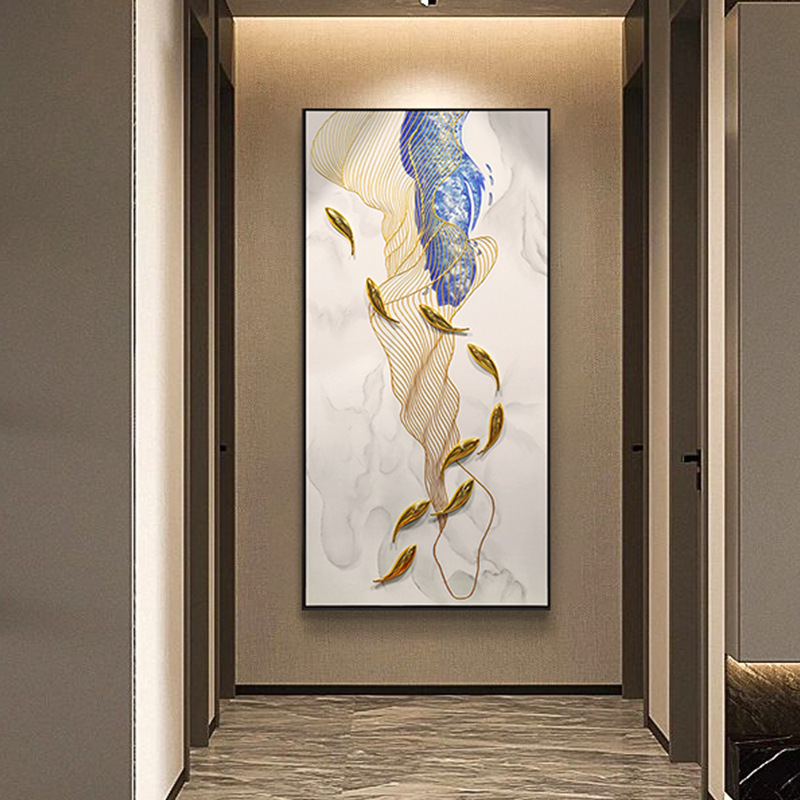 现代轻奢客厅背景墙装饰画立体九鱼图走廊尽头艺术挂画高级感竖版图片