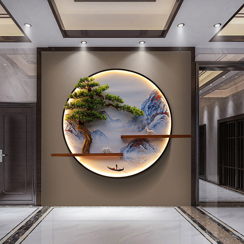 迎客松新中式入户玄关装饰发光壁画挂件会所客厅沙发电视背景壁饰