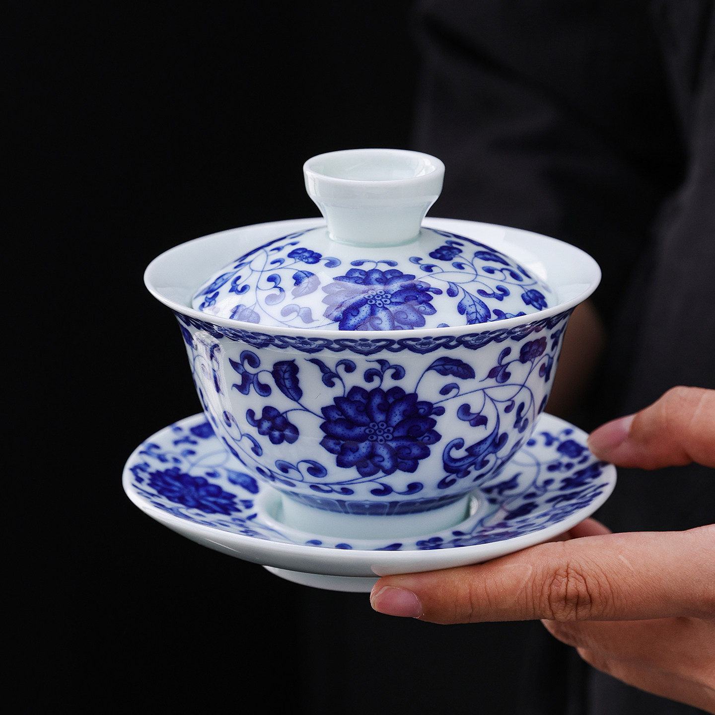 复古青花瓷三才盖碗可旋转悬停盖碗三件套家用功夫茶具泡茶碗茶杯图片