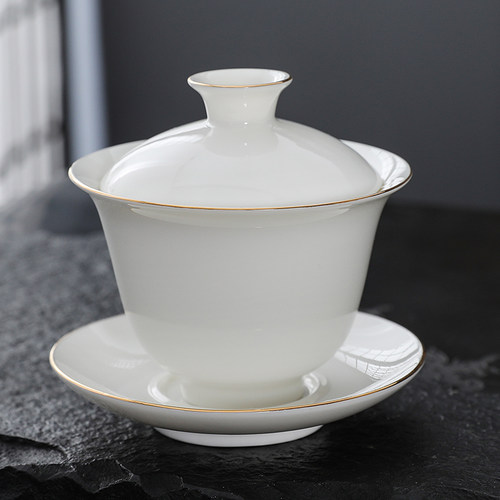羊脂玉描金盖碗茶杯德化白瓷茶碗大容量带盖单个功夫茶具三才盖碗