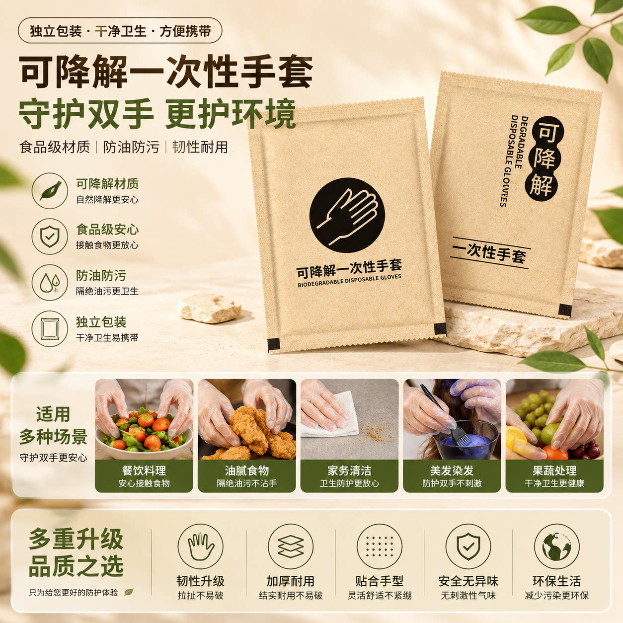 可降解一次性手套独立包装食品级厨房外卖家用加厚防油防污手套
