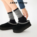 上森羊毛中筒袜秋冬女款撞色袜子搭勃肯鞋长袜小腿袜堆堆袜黑灰色