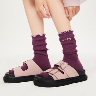 纯色长袜女袜 配乐福鞋 女中筒袜夏款 上森紫色堆堆袜花边透气春秋款