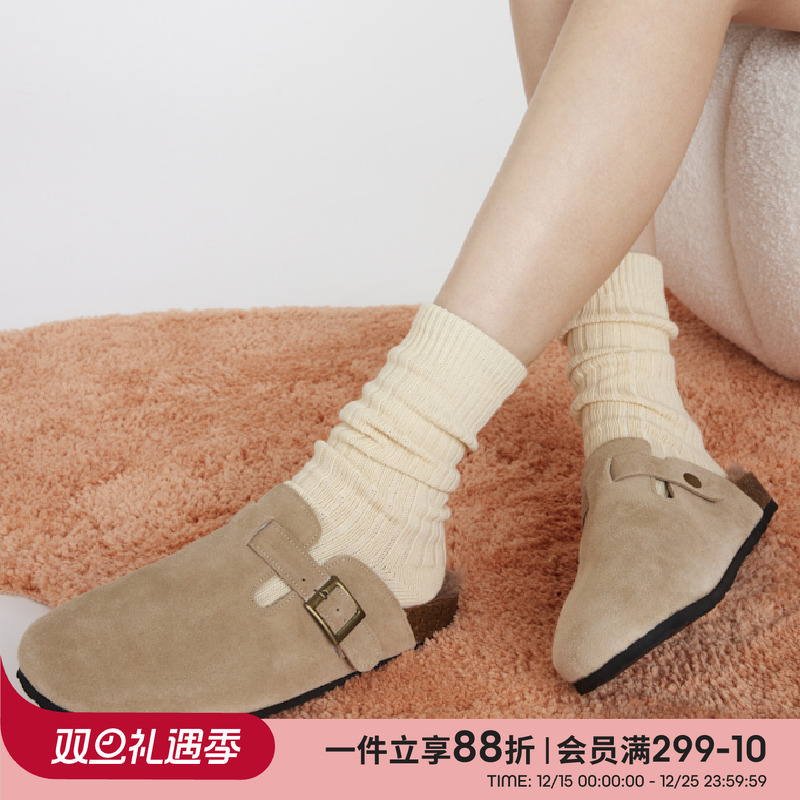 上森袜子女中筒袜春秋款粗线针织毛线袜勃肯鞋复古长袜白色堆堆袜