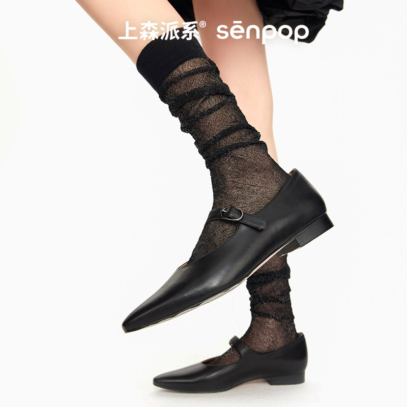 上森夏季堆堆袜蕾丝黑色丝袜薄款miu系凉鞋袜配小皮鞋亮丝中筒袜