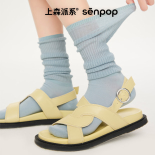 上森堆堆袜蓝色miu系小腿袜芭蕾风中筒袜勃肯鞋 长袜子女春秋白色