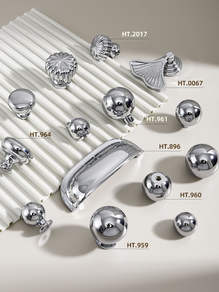 镀铬亮光银色衣柜门铜拉手圆形柜门把手橱柜抽屉黄铜实心拉手