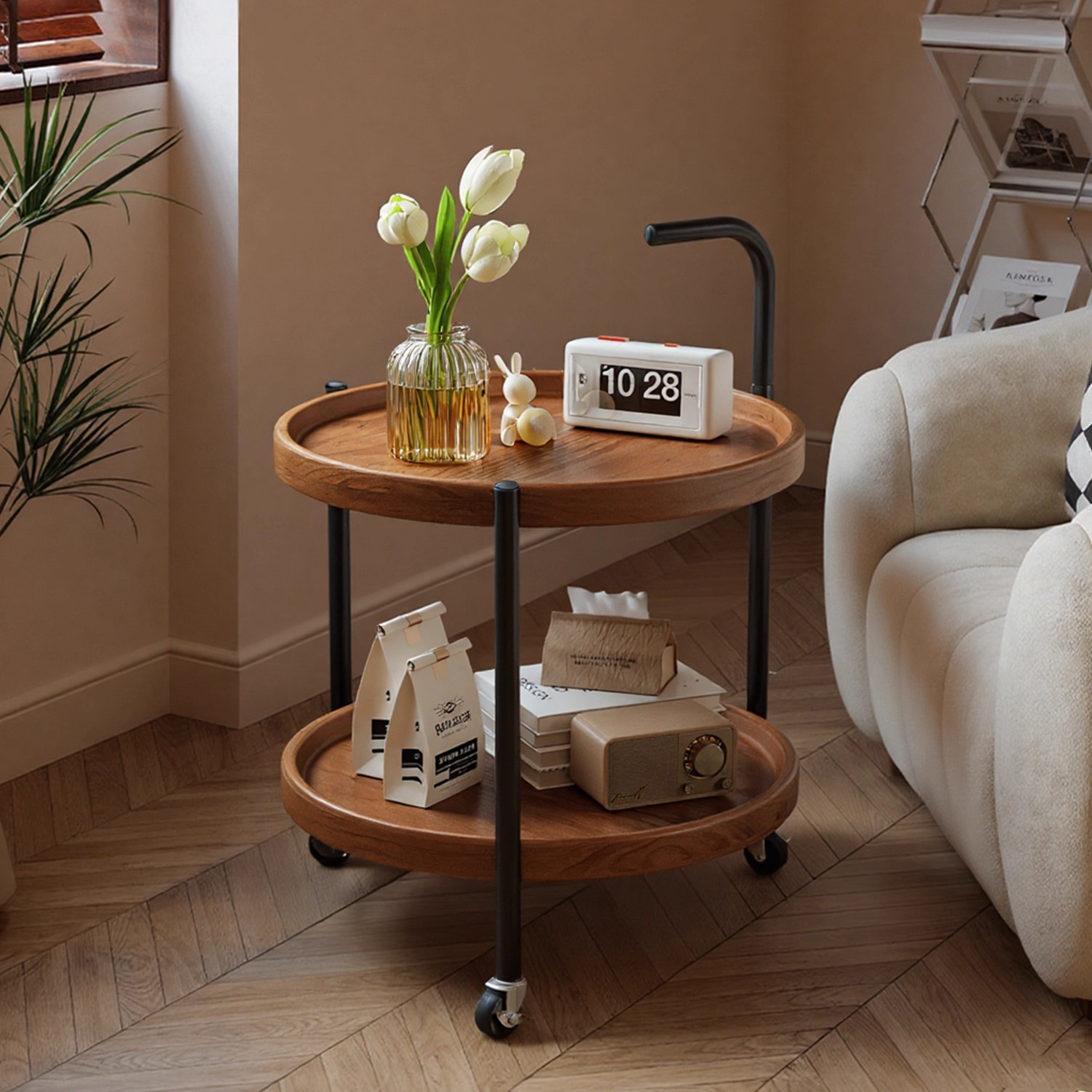 可移动双层小茶几沙发边小圆桌子客厅家用置物架新款阳台小推车