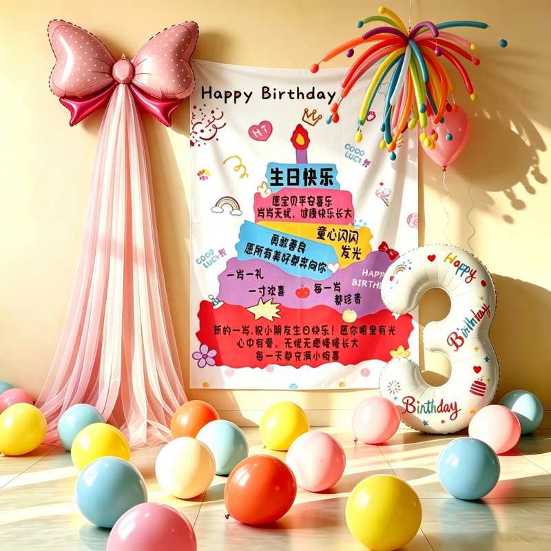 女孩网纱生日蛋糕数字3气球