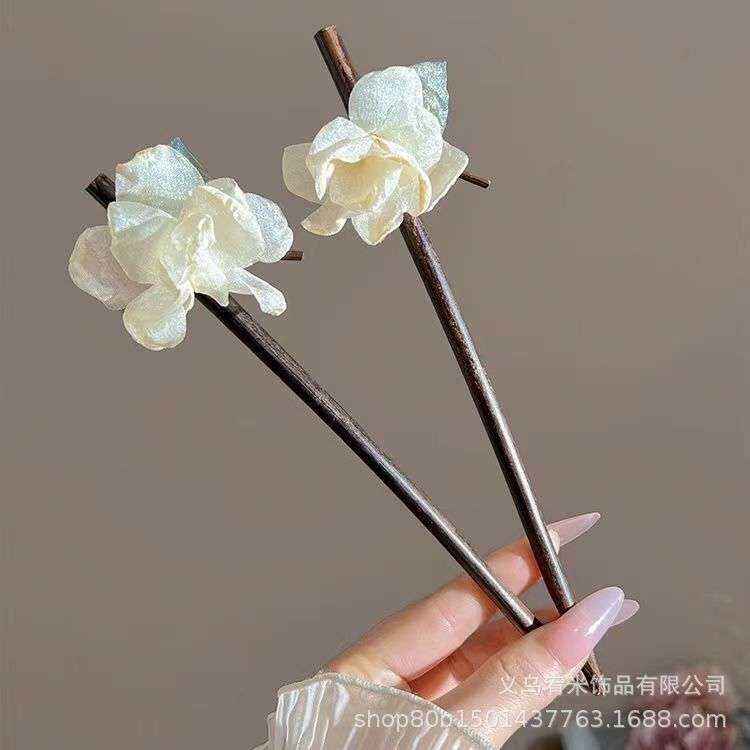 栀子花树枝发簪女新中式古风发钗后脑勺盘发木质簪子汉服旗袍头饰