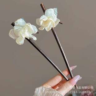 栀子花树枝发簪女新中式古风发钗后脑勺盘发木质簪子汉服旗袍头饰