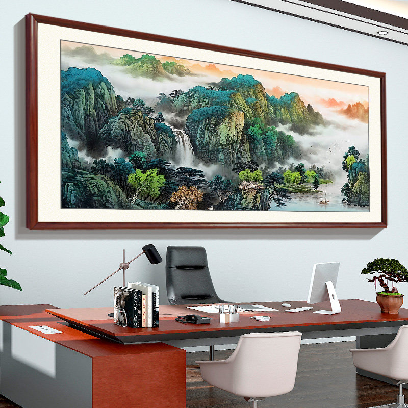 流水生财山水风景画 画横款聚宝盆国画 画办公室挂画 画客厅装饰