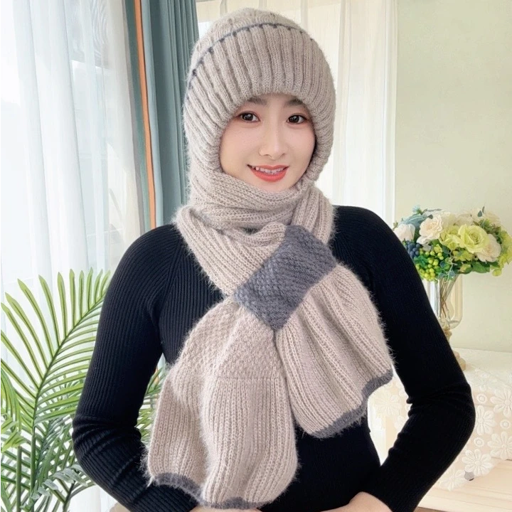 2024秋冬新款帽子加绒加厚围巾一体保暖女帽风雪防寒护耳帽百搭