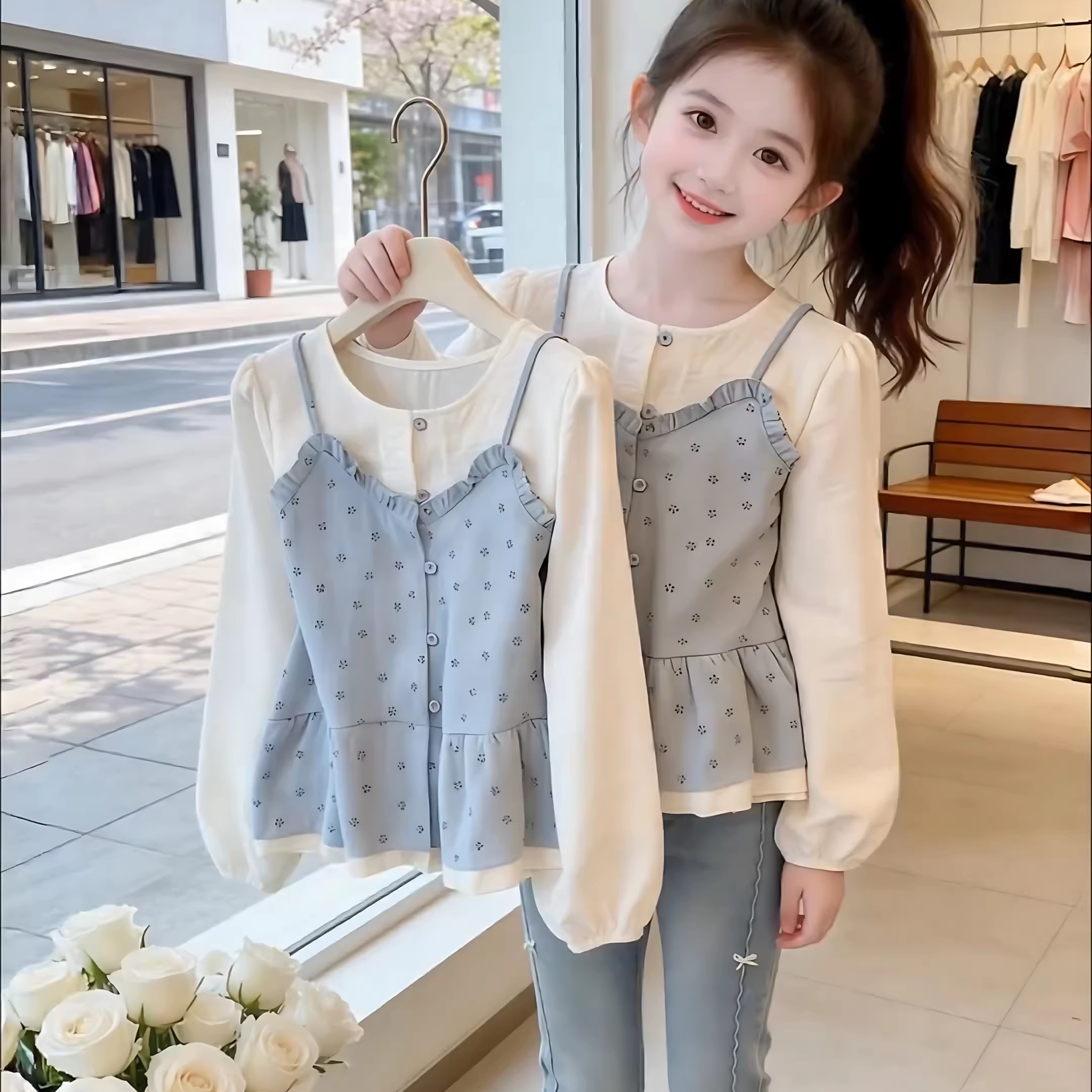 女童碎花假两件衬衫春季新款