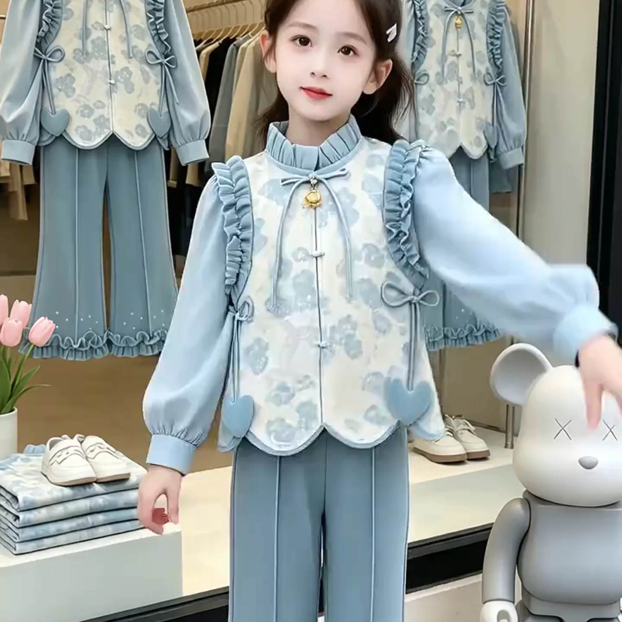 女童新中式春秋微喇叭马甲三件套