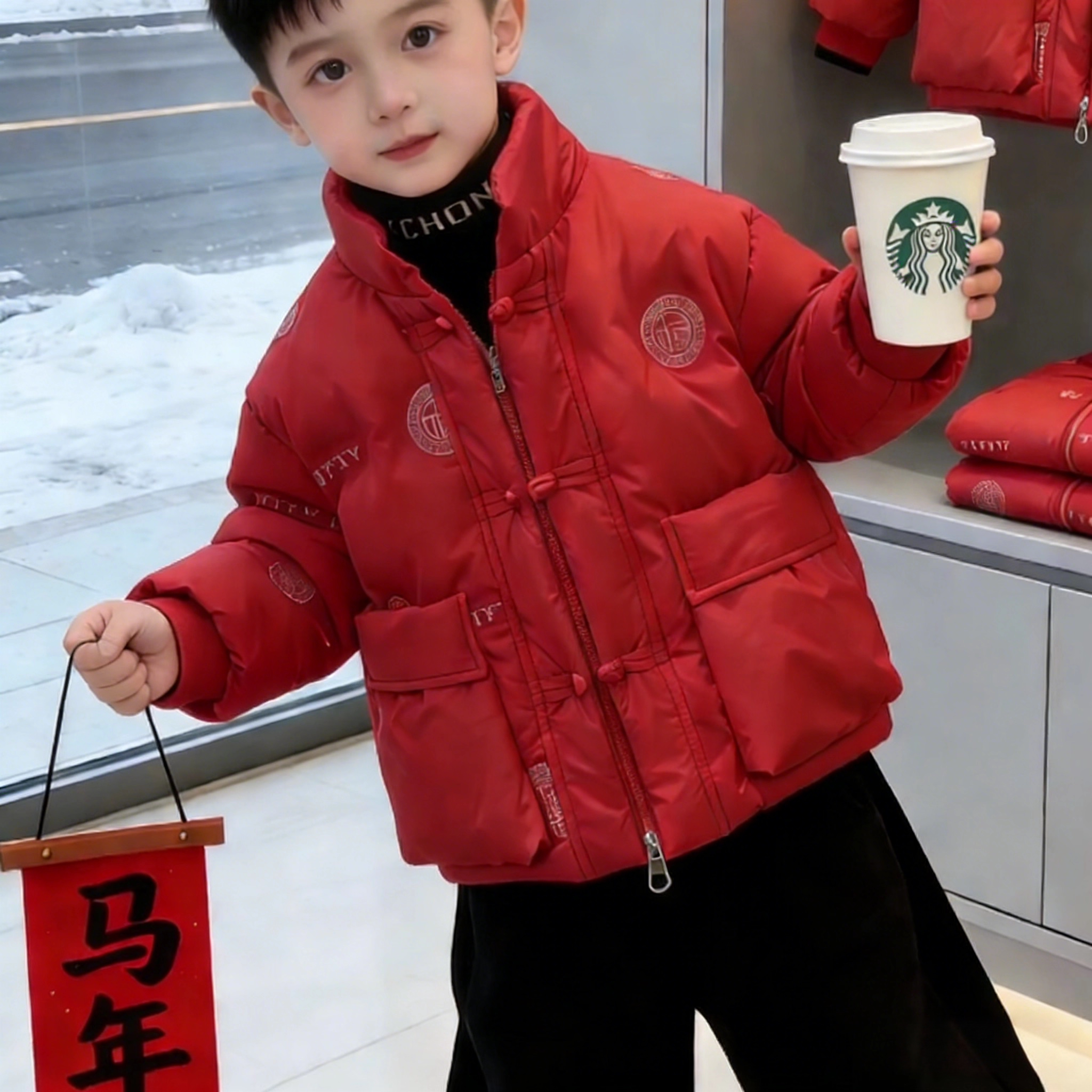 男童冬季加厚红色唐装拜年棉服