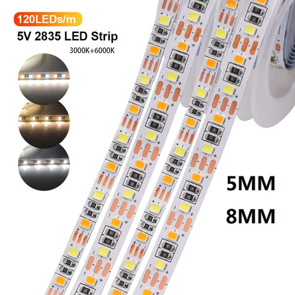 双色温可调色调光5MM8mm窄版5v灯带led自粘化妆镜补光软灯条