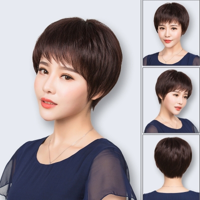 假发女短发女士短直发中老年妈妈真发轻薄款圆脸卷发型蓬松全头套