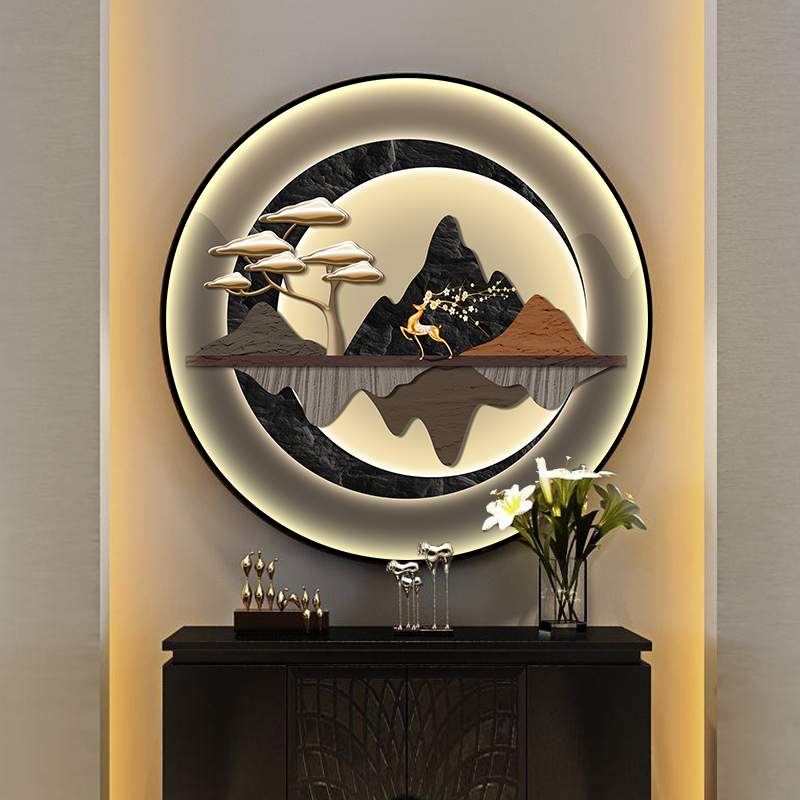 现代轻奢入户玄关装饰画高级感LED灯壁画新中式书房餐厅圆形挂画图片