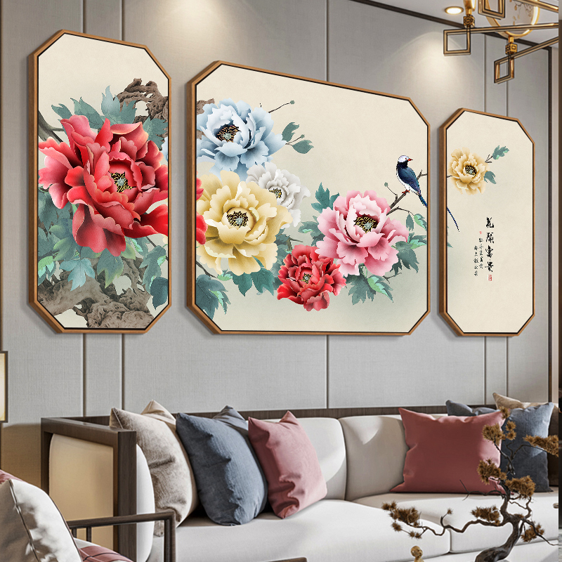 花开富贵沙发背景墙三联画新中式客厅装饰画组合壁画牡丹图挂画横图片