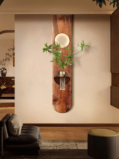 中古风玄关挂画走廊过道覆古风装饰画高级感水培绿植氛围带灯壁画