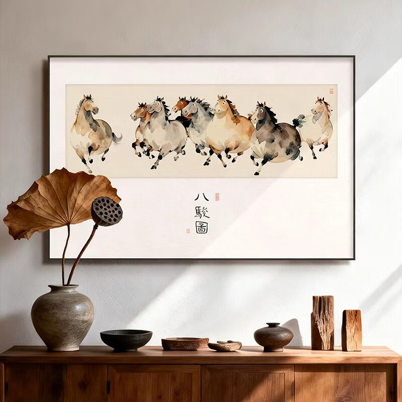 马上有钱挂画八骏图适合餐厅挂的画玄关画2026马年氛围装饰画新款