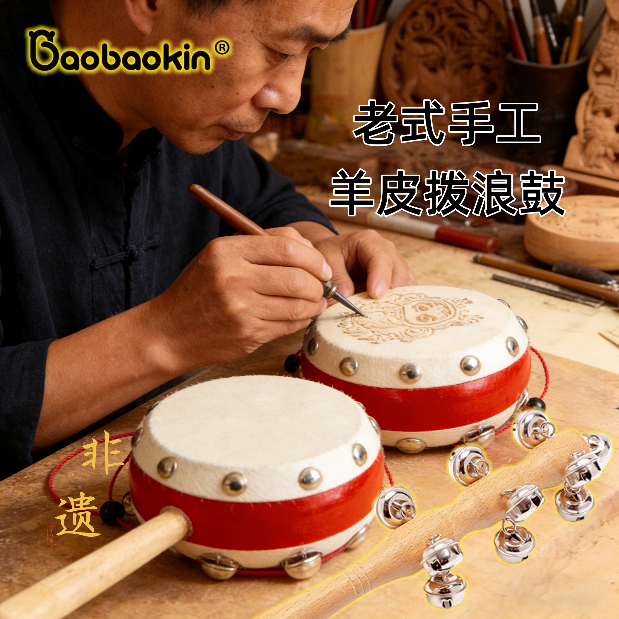 老式手工拨浪鼓黄铜棒铃桃木