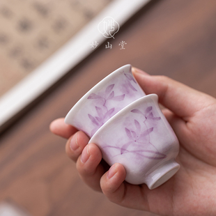手繪暮紫蘭心功夫茶杯小號品茗杯客杯女士喝茶茶具粉色主人杯高檔