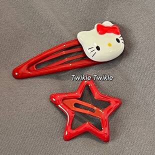 新款 甜美可爱KT猫咪红色少女五角星发夹刘海软妹边夹BB夹子头饰