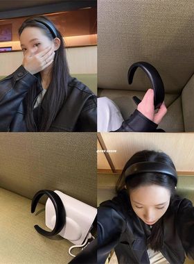 韩风博主同款简约纯黑色皮质厚发箍pu百搭简约外出高颅顶头箍发饰
