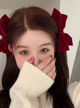 复古黑色丝绒蝴蝶结发夹女后脑勺公主头侧边刘海对夹一字夹发饰品