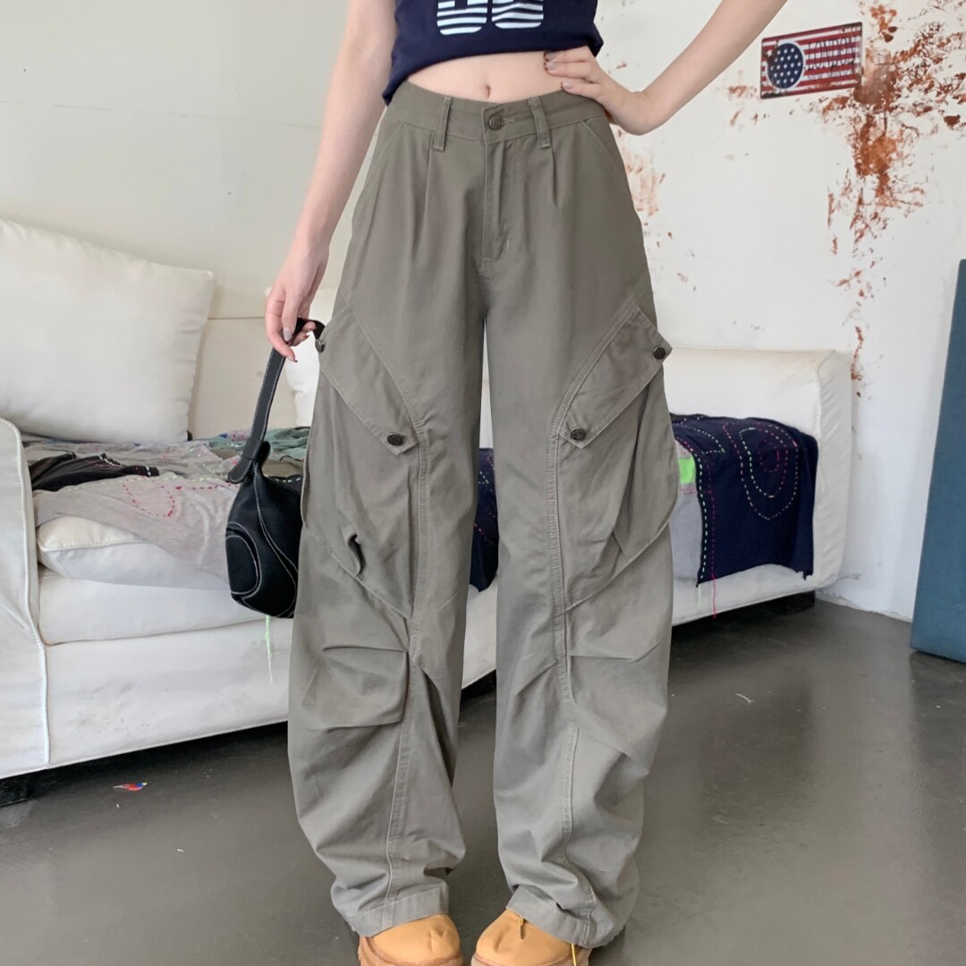 灰绿色高街嘻哈潮牌工装牛仔裤女春夏美式复古宽松拖地休闲裤子