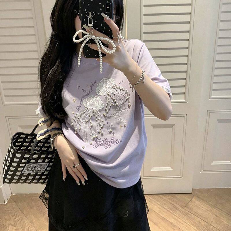 220g纯棉 螺纹领口 +后包边 原版绣花+钉珠+拼接蕾丝短袖T恤女