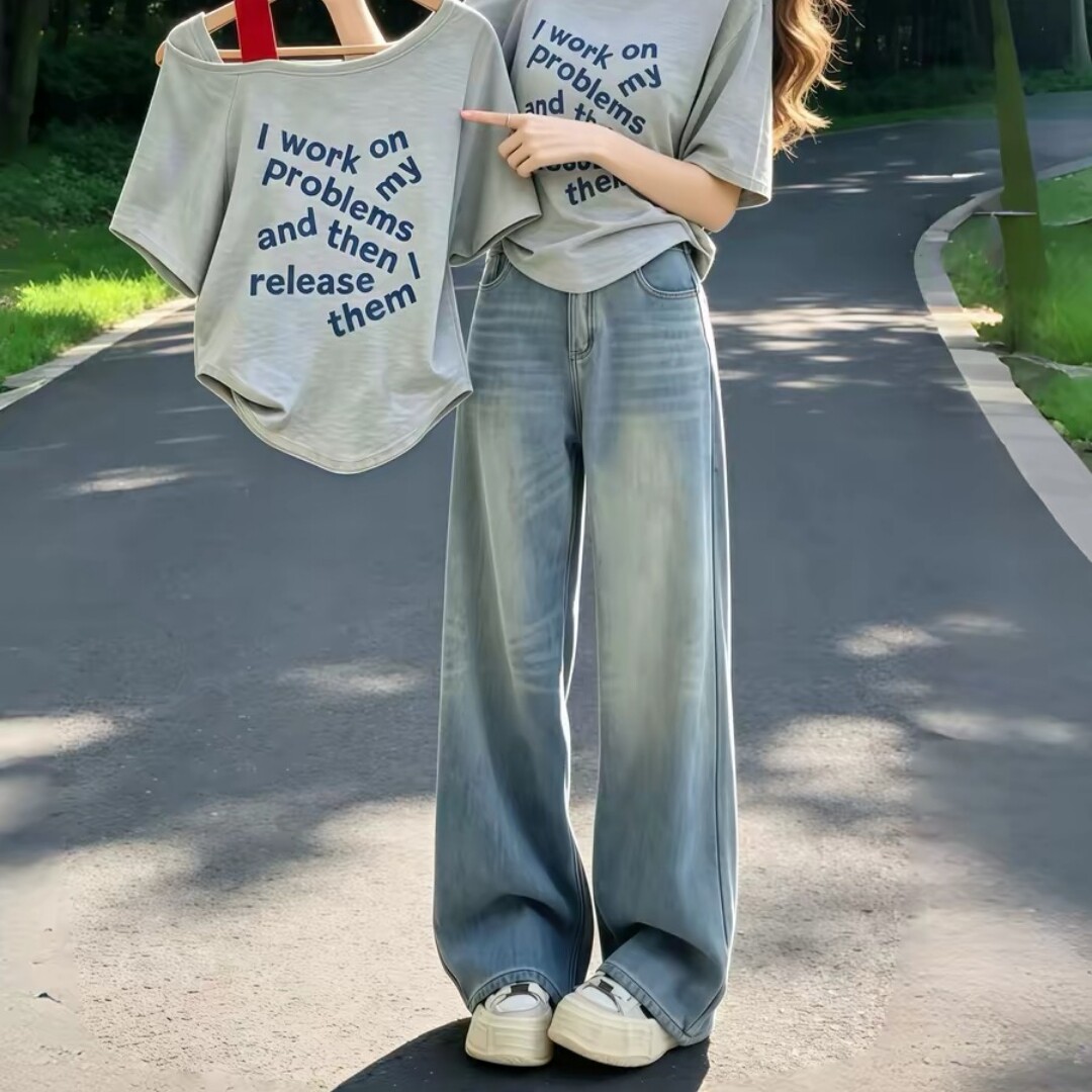美式休闲宽松灰拼红假两件斜肩短袖t恤女2026新款夏季设计感上衣