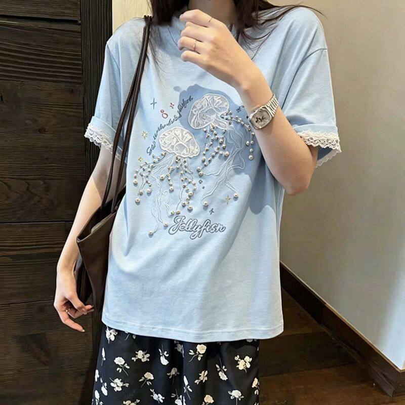 220g纯棉 螺纹领口 +后包边 原版绣花+钉珠+拼接蕾丝短袖T恤女