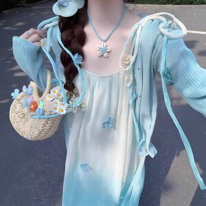 蓝色渐变立体花吊带裙女海边度假风重工网纱绑带沙滩连衣裙女夏季