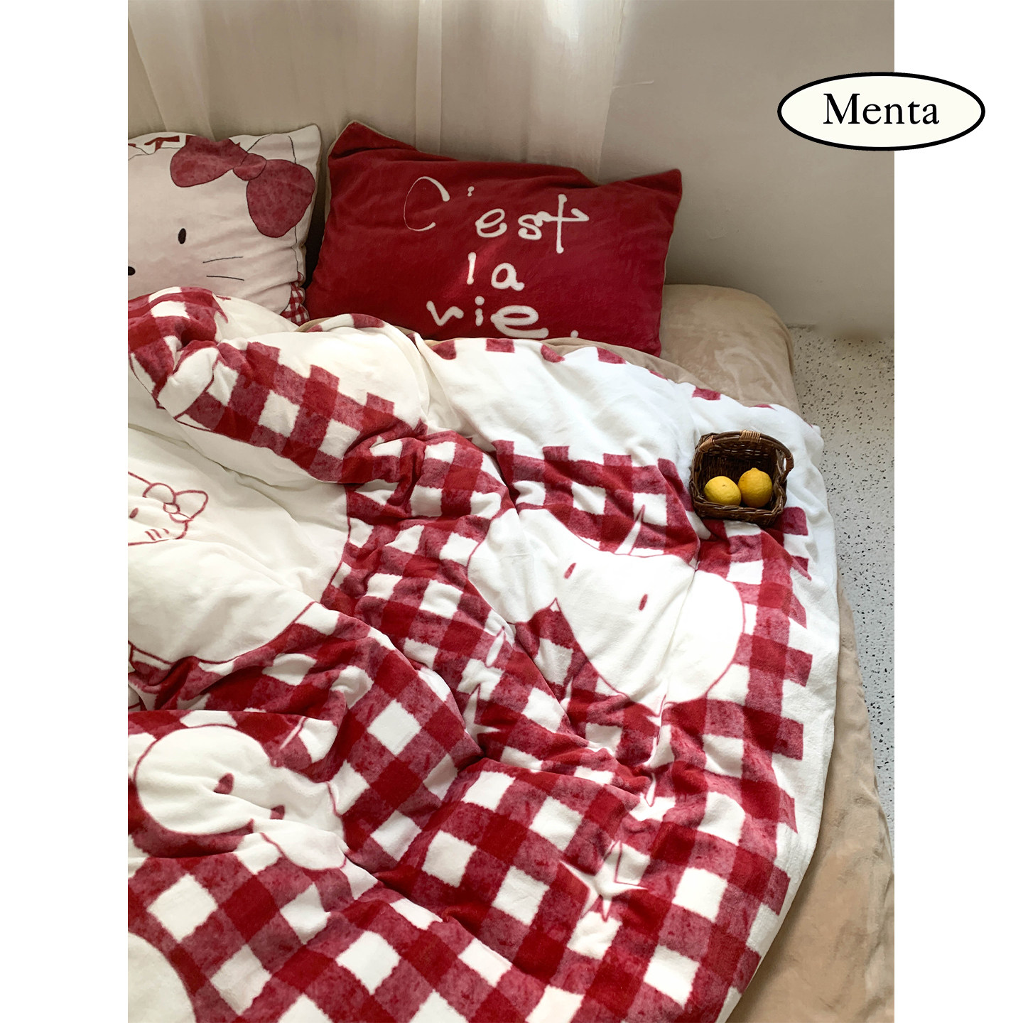 薄荷岛《苹苹喵喵》秋冬保暖牛奶绒四件套细腻亲肤ins床单被套ins