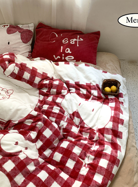 薄荷岛《苹苹喵喵》秋冬保暖牛奶绒四件套细腻亲肤ins床单被套ins