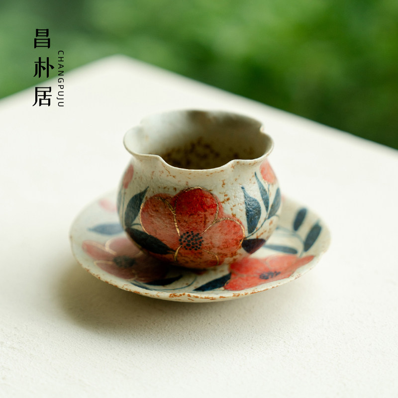 昌朴居陶瓷茶杯纯手绘桃花福袋杯茶具家用带杯垫女士品茗杯主人杯