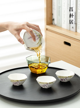 昌朴居快客杯茶杯纯手绘紫藤花七节旅行茶具套装一壶三杯便携泡茶