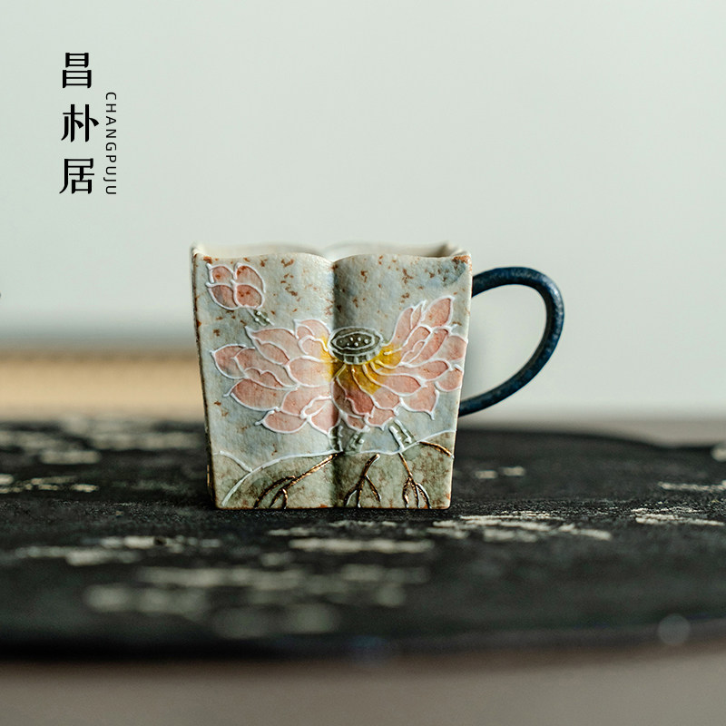 昌朴居品茗杯四方杯茶杯手绘陶瓷莲开 并蒂八瓣把杯主人杯家用茶