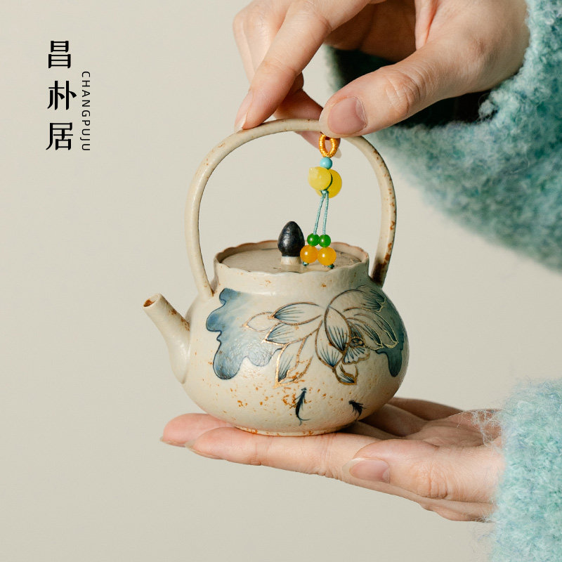 昌朴居茶壶陶瓷莲开瑞满塘提梁壶高档家用中式纯手绘泡茶功夫茶具