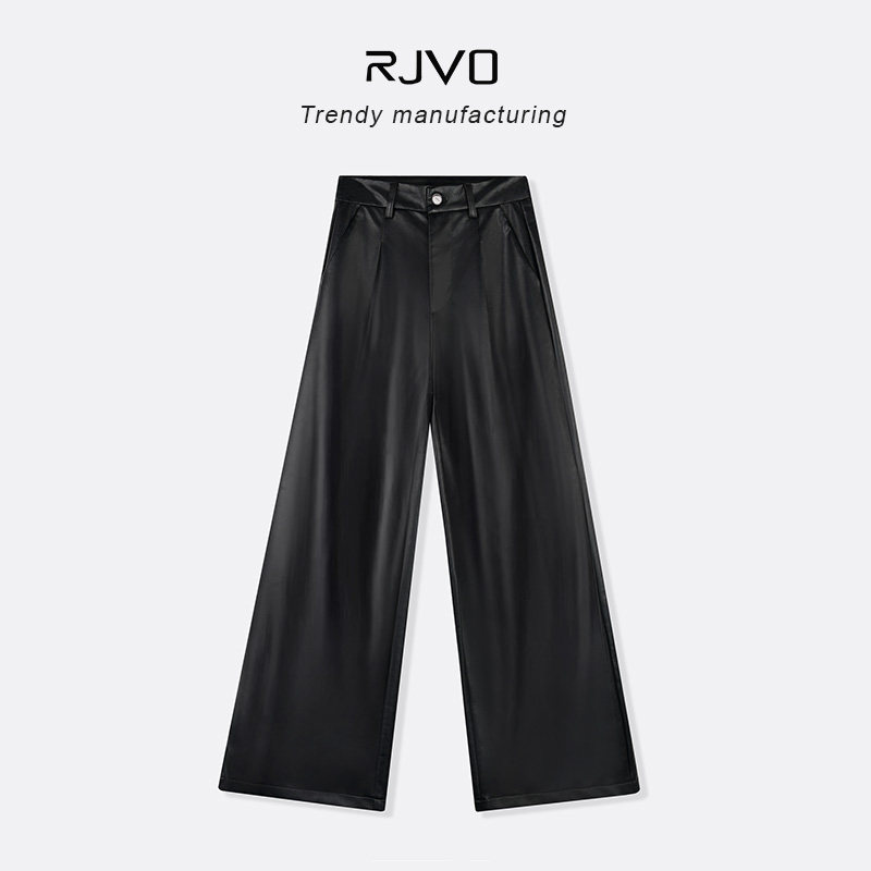 RJVO二代黑色皮裤女秋季新款辣妹直筒休闲裤软皮宽松显瘦阔腿裤