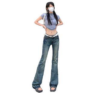 RJVO春季新款美式高街辣妹牛仔裤女复古做旧潮流拖地低腰微喇裤子