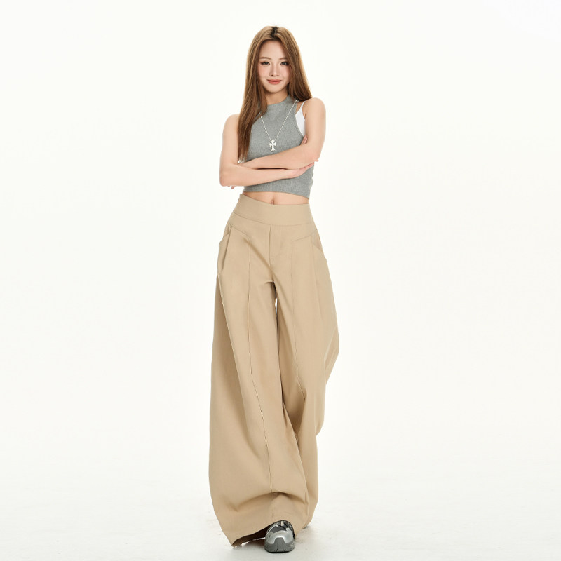 RJVO慵懒风设计感卡其色休闲裤女秋季新款高腰宽松阔腿裤拖地长裤,女装/女士精品,休闲裤,淘宝优惠券,粉丝福利购,淘宝优惠卷