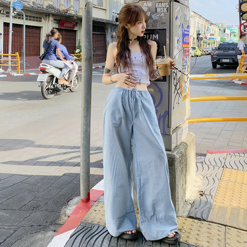 RJVO夏季薄款蓝色条纹阔腿裤