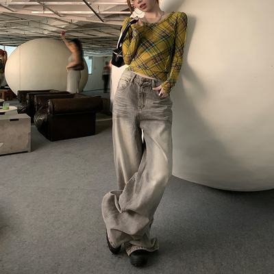 RJVO灰色高腰阔腿牛仔裤