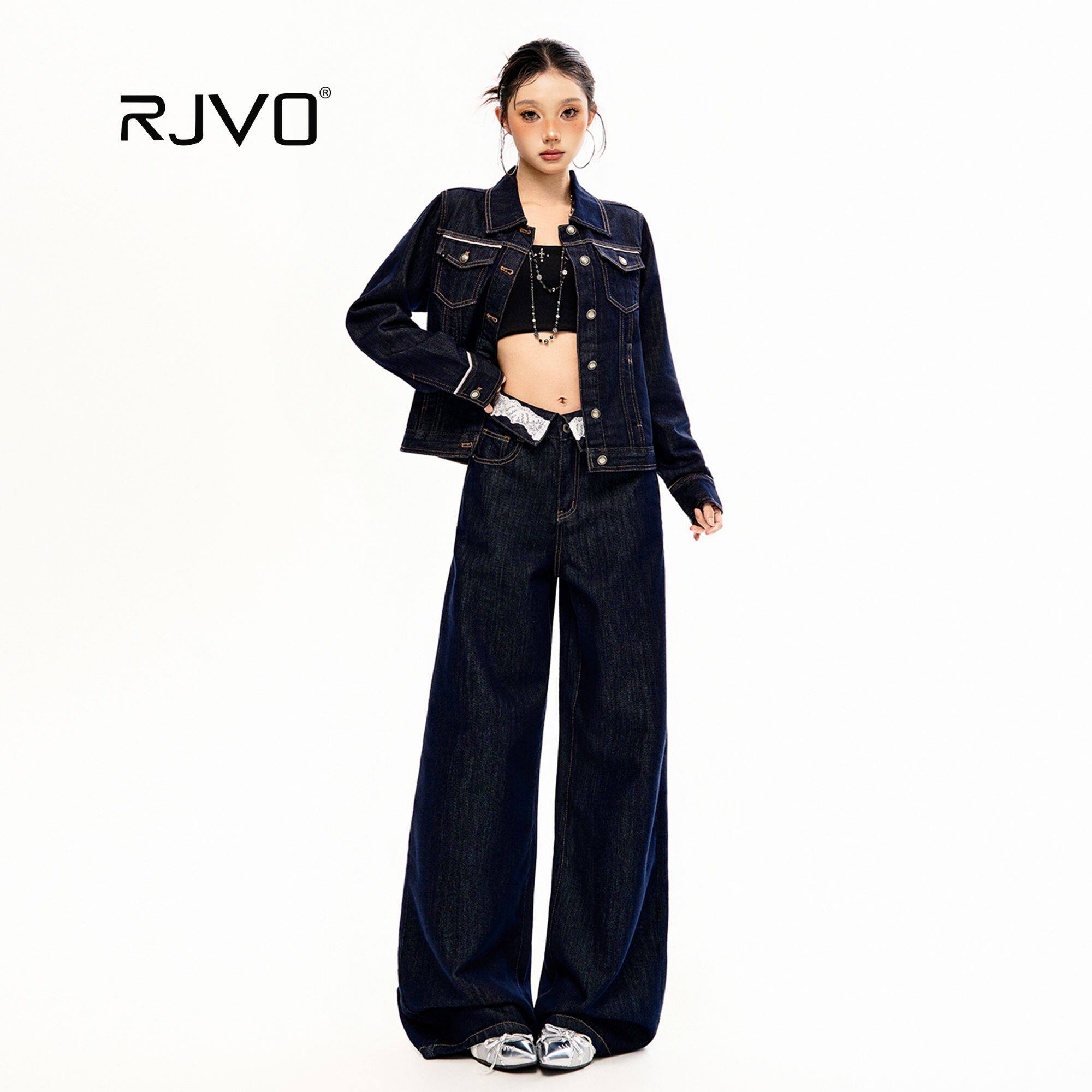 RJVO新款设计感原色牛仔套装女时尚拼接蕾丝腰头裤子外套两件套,女装/女士精品,时尚套装,淘宝优惠券,粉丝福利购,淘宝优惠卷