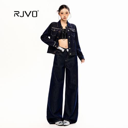RJVO新款设计感原色牛仔套装女时尚拼接蕾丝腰头裤子外套两件套