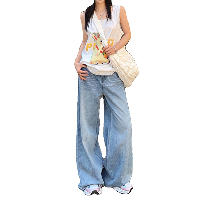 RJVO蓝色复古高腰水洗牛仔裤女